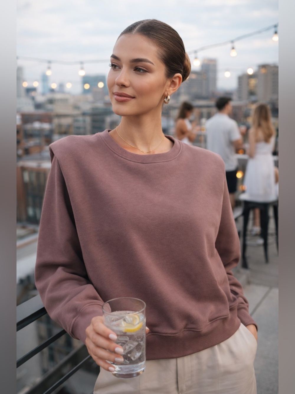 ZARA Taupe Mushroom Shoulder Pad Sweatshirt Size L Elevated Minimalist